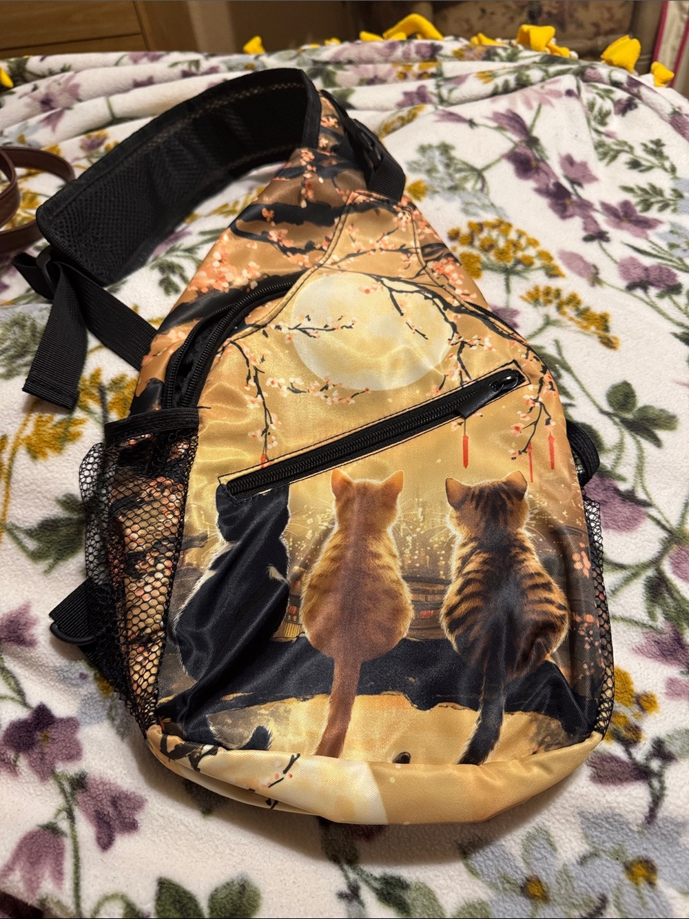 Moonlit Cats Sling Backpack in Golden Tones